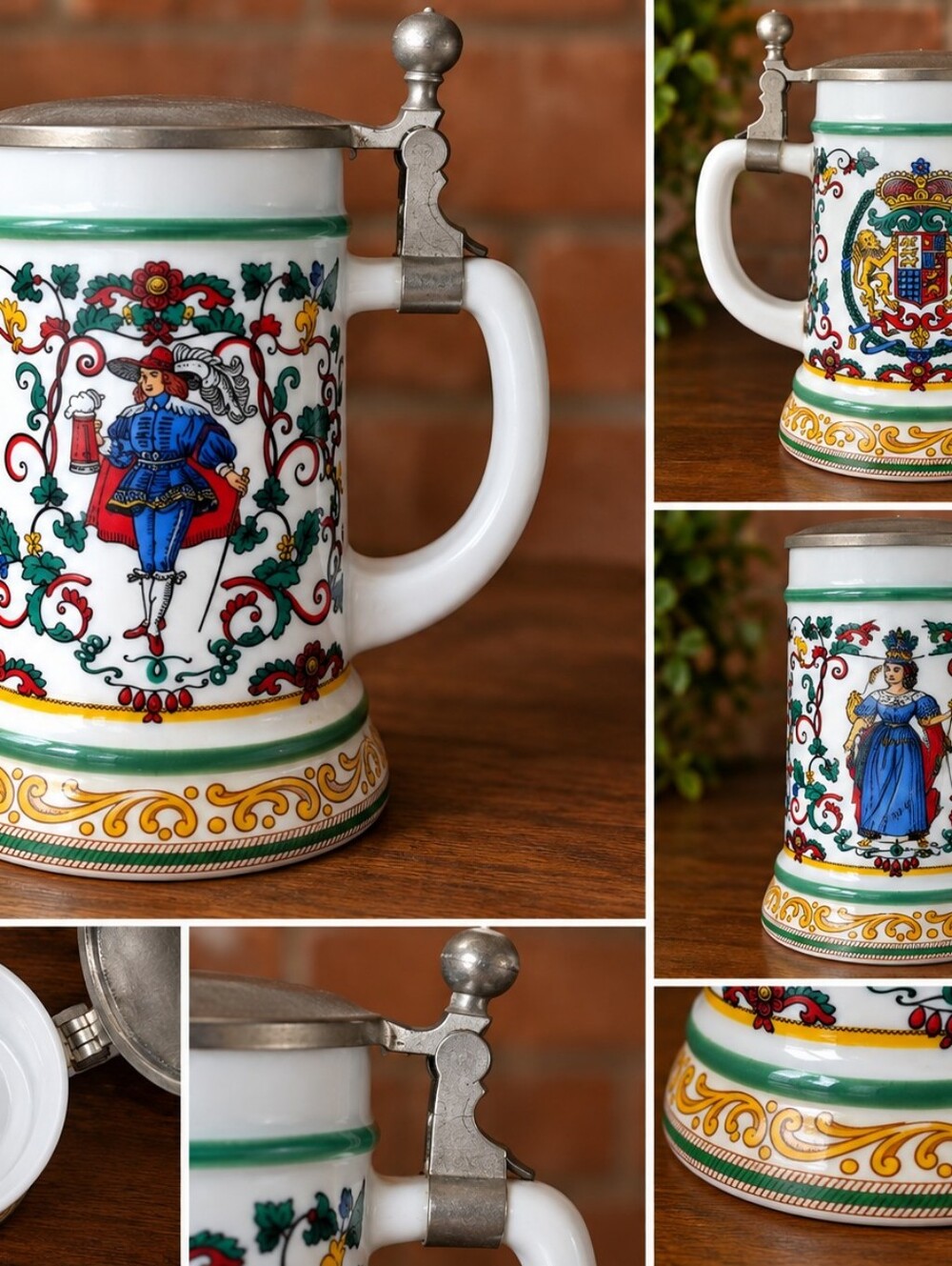 Vintage German BMF Painted Milk Glass Beer Stein w/ Lid